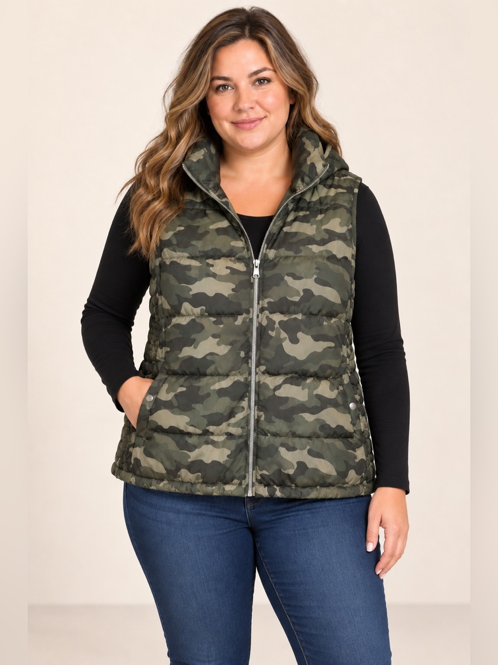 Old Navy Womens XXL Camo Puffer Vest Fleece Lined Green Camouflage Full Zip